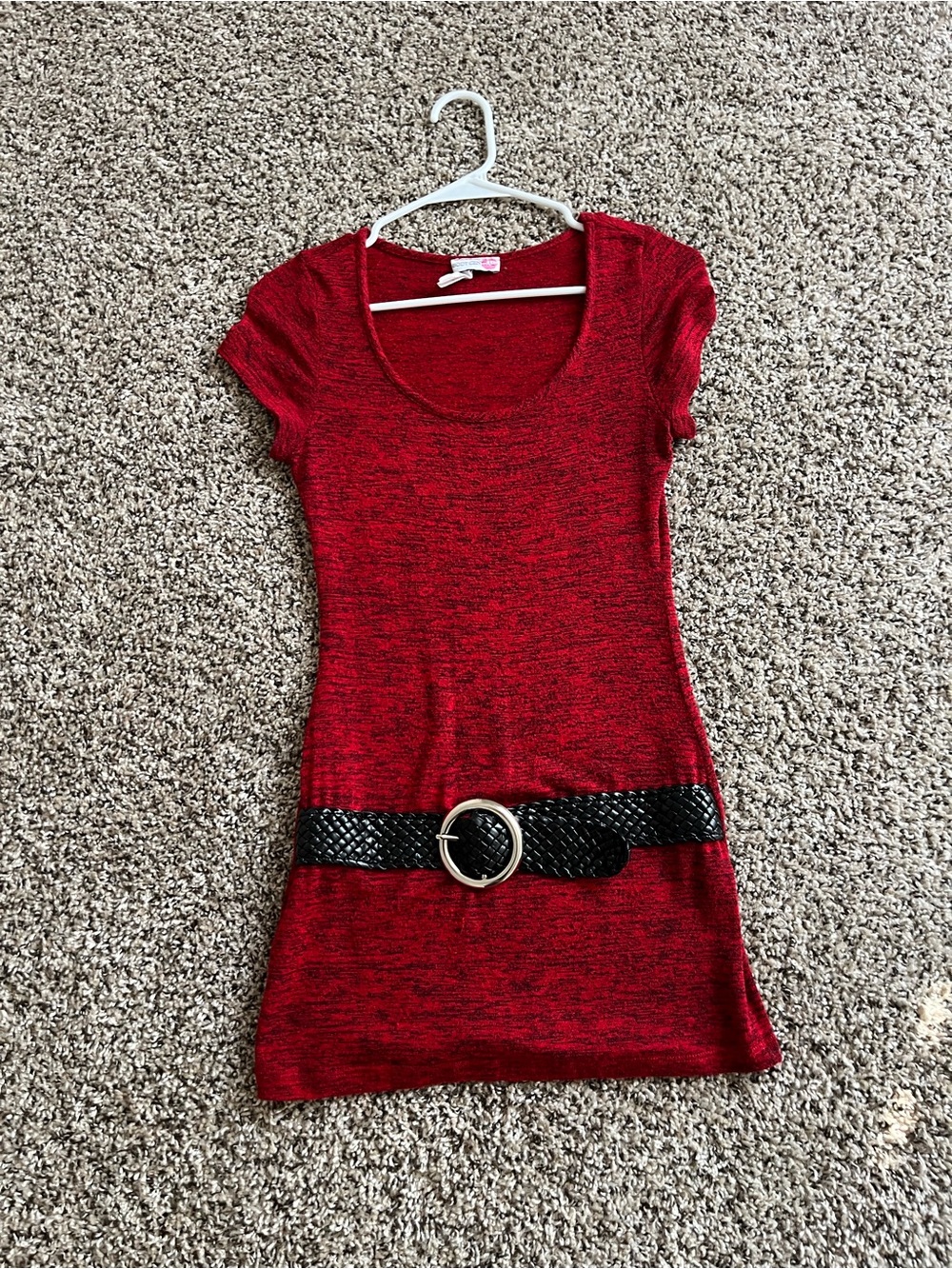 Body Central Red Knit Scoop Neck Dress with Black Woven Belt